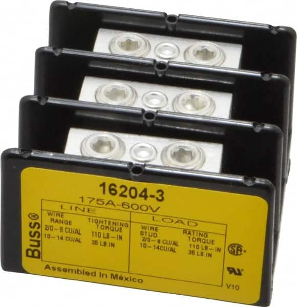 Cooper Bussmann - 3 Poles, 175 Amp, 2/0-8 AWG (Cu/Al) Primary, 2/0-8 AWG (Cu/Al) Secondary, Thermoplastic Power Distribution Block - 600 VAC/VDC, 1 Primary Connection, 5.2 Inch Long x 3.32 Inch Deep x 4 Inch High - Americas Tooling