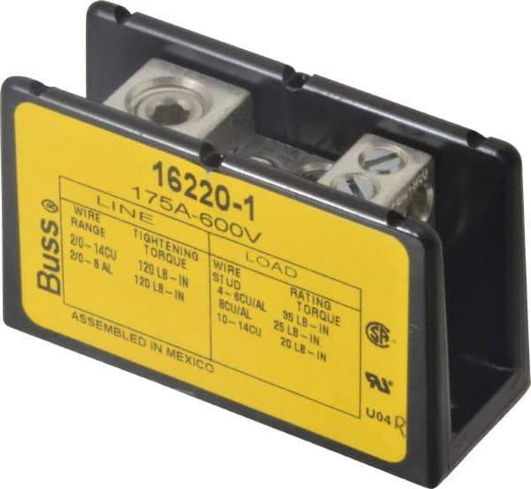 Cooper Bussmann - 1 Pole, 175 Amp, 8-2/0 AWG (Al), 14-2/0 AWG (Cu) Primary, 4-14 AWG (Cu), 4-8 AWG (Al) Secondary, Thermoplastic Power Distribution Block - 600 VAC/VDC, 1 Primary Connection, 1.96 Inch Long x 3.32 Inch Deep x 4 Inch High - Americas Tooling