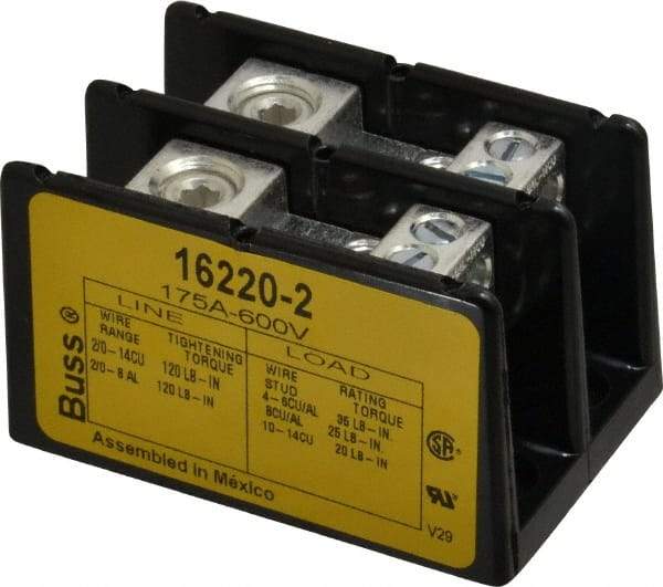 Cooper Bussmann - 2 Poles, 175 Amp, 8-2/0 AWG (Al), 14-2/0 AWG (Cu) Primary, 4-14 AWG (Cu), 4-8 AWG (Al) Secondary, Thermoplastic Power Distribution Block - 600 VAC/VDC, 1 Primary Connection, 3.58 Inch Long x 3.32 Inch Deep x 4 Inch High - Americas Tooling