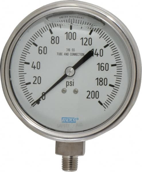 Wika - 4" Dial, 1/4 Thread, 0-200 Scale Range, Pressure Gauge - Lower Connection Mount, Accurate to 1% of Scale - Americas Tooling