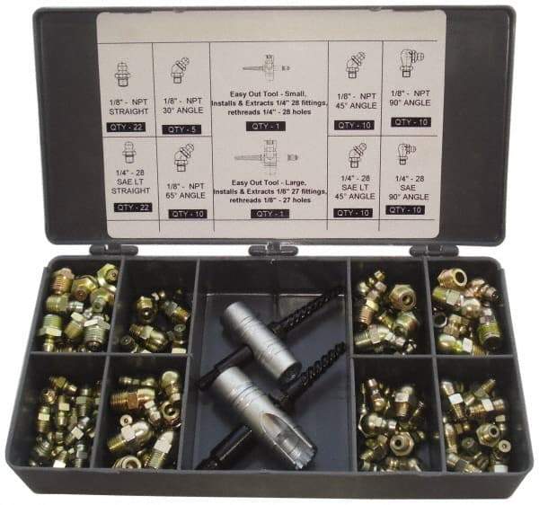 PRO-LUBE - 101 Piece, Inch, Box Plastic Steel Grease Fitting Set - Includes PTF, UNF Thread Types, Includes 1/4-28 SAE-LT: (22) Straight, (10) 45°, (10) 90°, 1/8-27 PTF: (22) Straight, (5) 30°, (10) 45°, (10) 65°, (10) 90° - Americas Tooling