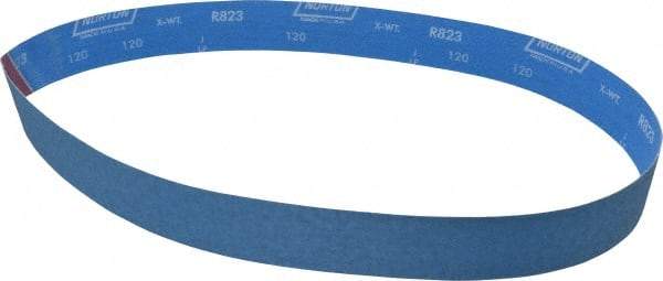 Norton - 2" Wide x 48" OAL, 120 Grit, Zirconia Alumina Abrasive Belt - Zirconia Alumina, Fine, Coated, X Weighted Cloth Backing, Series R823 - Americas Tooling