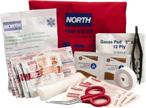 North - 39 Piece, 10 Person, Multipurpose/Auto/Travel First Aid Kit - 4-1/2" Wide x 1-1/2" Deep x 7" High, Nylon Bag - Americas Tooling