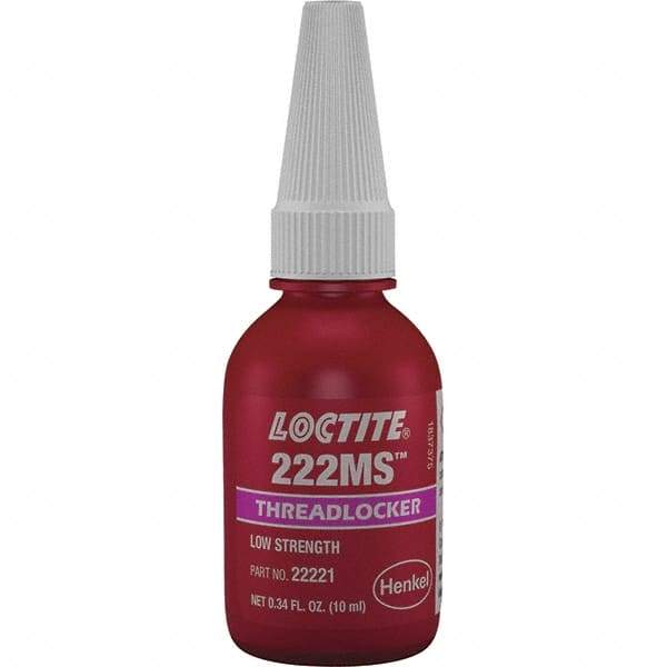 Loctite - 10 mL Bottle, Purple, Low Strength Liquid Threadlocker - Series 222, 24 hr Full Cure Time, Hand Tool Removal - Americas Tooling