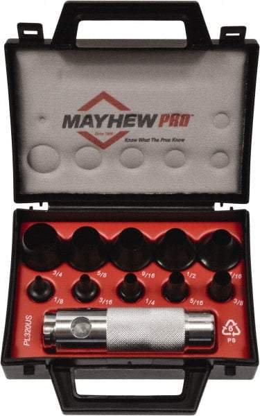 Mayhew - 11 Piece, 1/8 to 3/4", Hollow Punch Set - Round Shank, Alloy Steel, Comes in Plastic Case - Americas Tooling