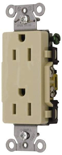 Hubbell Wiring Device-Kellems - 125 VAC, 15 Amp, 5-15R NEMA Configuration, Ivory, Specification Grade, Self Grounding Duplex Receptacle - 1 Phase, 2 Poles, 3 Wire, Flush Mount - Americas Tooling