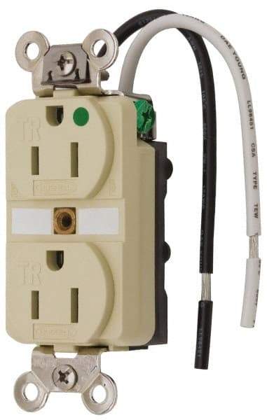 Hubbell Wiring Device-Kellems - 125 VAC, 15 Amp, 5-15R NEMA Configuration, Ivory, Hospital Grade, Self Grounding Duplex Receptacle - 1 Phase, 2 Poles, 3 Wire, Flush Mount, Chemical, Corrosion and Impact Resistant, Tamper Resistant - Americas Tooling