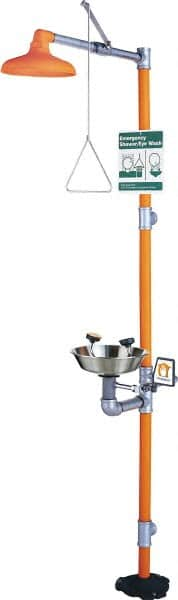 PRO-SAFE - 1-1/4" Inlet, 20 GPM shower Flow, Drench shower, Eye & Face Wash Station - Bowl, Triangular Pull Rod & Push Flag Activated, Galvanized Steel Pipe, Plastic Shower Head, 3 GPM Bowl Flow, Corrosion Resistant, Top or Mid Supply - Americas Tooling