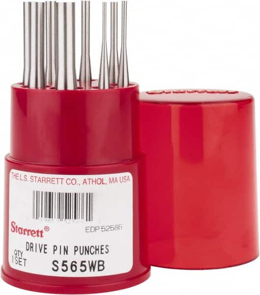 Starrett - 8 Piece, 1/16 to 5/16", Pin Punch Set - Round Shank, Comes in Round Container - Americas Tooling