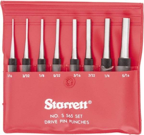 Starrett - 8 Piece, 1/16 to 5/16", Pin Punch Set - Round Shank, Comes in Vinyl Pouch - Americas Tooling