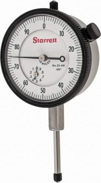 Starrett - 1" Range, 0-100 Dial Reading, 0.001" Graduation Dial Drop Indicator - 2-1/4" Dial, 0.1" Range per Revolution, Revolution Counter - Americas Tooling