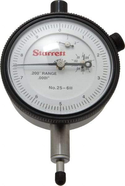 Starrett - 0.2" Range, 0-10 Dial Reading, 0.0001" Graduation Dial Drop Indicator - 2-1/4" Dial, 0.01" Range per Revolution, Revolution Counter - Americas Tooling