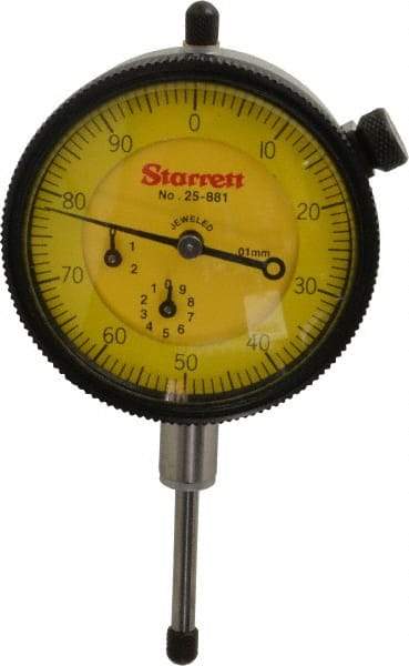 Starrett - 25mm Range, 0-100 Dial Reading, 0.01mm Graduation Dial Drop Indicator - 2-1/4" Dial, 1mm Range per Revolution, Revolution Counter - Americas Tooling