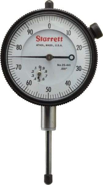 Starrett - 1" Range, 0-100 Dial Reading, 0.001" Graduation Dial Drop Indicator - 2-1/4" Dial, 0.1" Range per Revolution - Americas Tooling