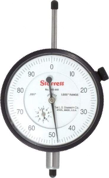 Starrett - 1" Range, 0-100 Dial Reading, 0.001" Graduation Dial Drop Indicator - 2-3/4" Dial, 0.1" Range per Revolution, Revolution Counter - Americas Tooling