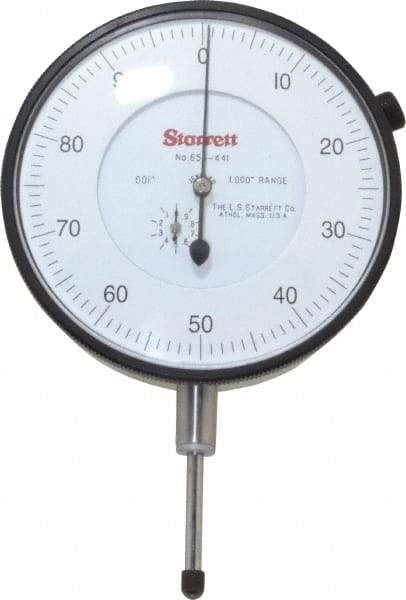 Starrett - 1" Range, 0-100 Dial Reading, 0.001" Graduation Dial Drop Indicator - 3-5/8" Dial, 0.1" Range per Revolution - Americas Tooling