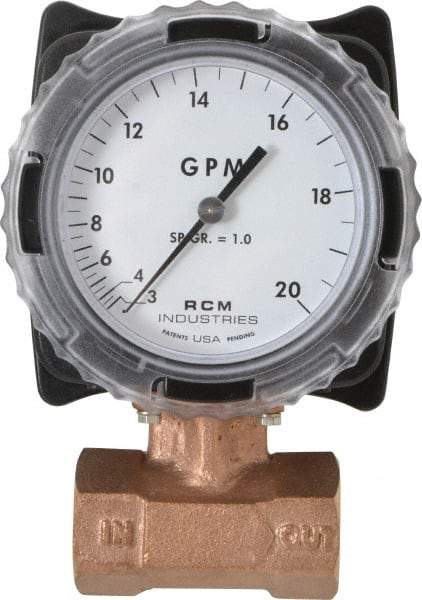 Made in USA - 1" NPT Port RCM Industries Flo-Gage Flowmeter - 180 Max psi, 3 to 20 GPM, Bronze - Americas Tooling