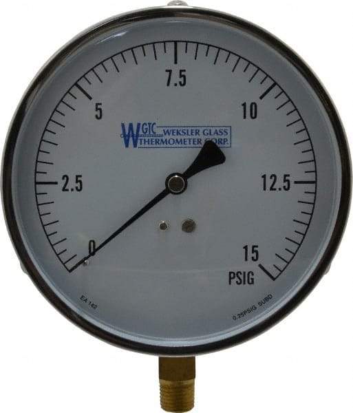 WGTC - 4-1/2" Dial, 1/4 Thread, 0-15 Scale Range, Pressure Gauge - Lower Connection Mount, Accurate to 1% of Scale - Americas Tooling