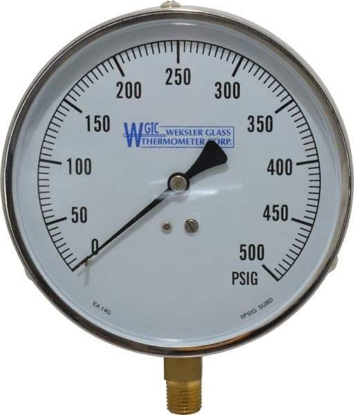 WGTC - 4-1/2" Dial, 1/4 Thread, 0-500 Scale Range, Pressure Gauge - Lower Connection Mount, Accurate to 1% of Scale - Americas Tooling