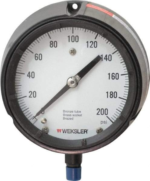 Made in USA - 4-1/2" Dial, 1/4 Thread, 0-200 Scale Range, Pressure Gauge - Lower Connection Mount, Accurate to 1% of Scale - Americas Tooling