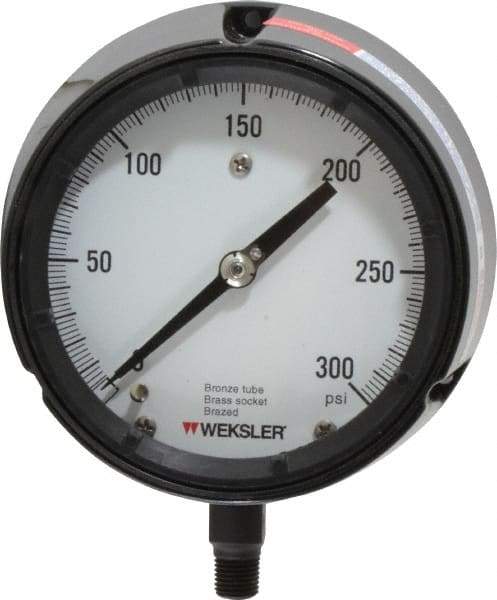 Made in USA - 4-1/2" Dial, 1/4 Thread, 0-300 Scale Range, Pressure Gauge - Lower Connection Mount, Accurate to 1% of Scale - Americas Tooling