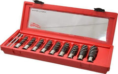 Milwaukee Tool - 9 Piece, 1/2 to 15/16" Cutter Diam, 2" Cutting Depth, Steel Annular Cutter Set - Bright Finish, 3/4" Shank Diam, 1/2", 9/16", 5/8", 11/16", 3/4", 13/16", 7/8", 15/16", 1-1/16" Cutter Diams, 2 Flats on Shank - Americas Tooling