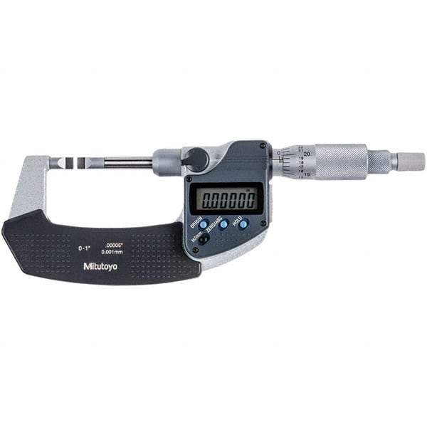 Mitutoyo - 0 to 1" Range, 0.00005" Resolution, Blade Throat IP54 Electronic Outside Micrometer - 0.00015" Accuracy, Ratchet Stop Thimble, Carbide-Tipped Face, SR44 Battery - Americas Tooling