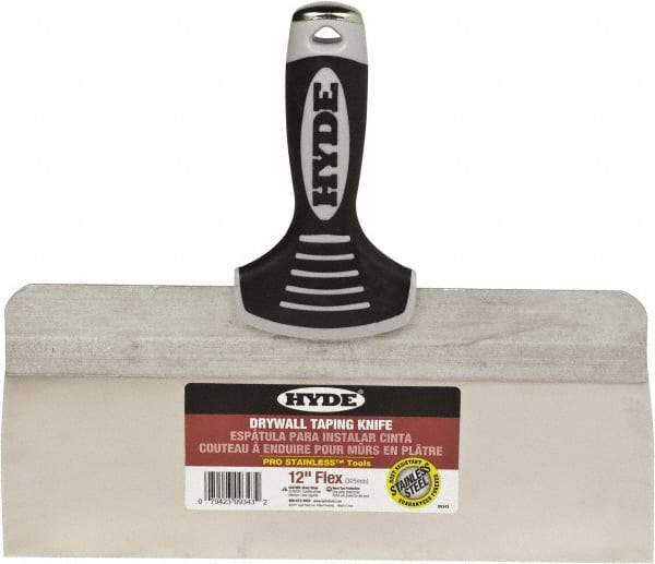 Hyde Tools - 12" Wide Spring Blade Stainless Steel Taping Knife - Flexible, Soft Grip Plastic Overmold Handle, 10-1/2" OAL - Americas Tooling