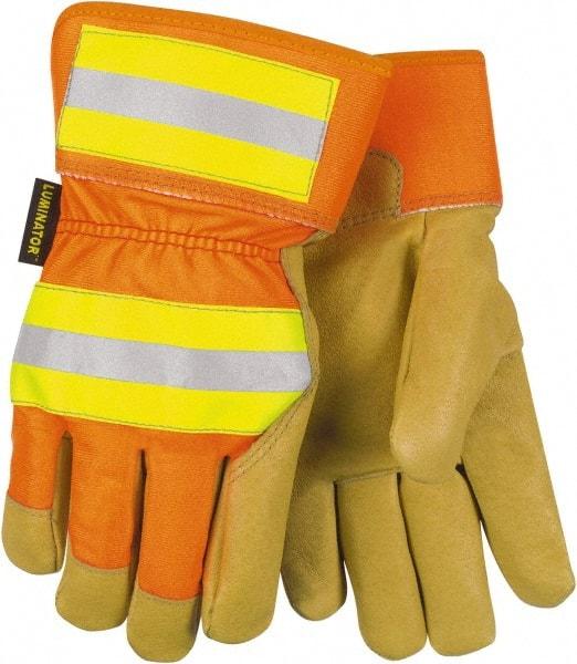 MCR Safety - Size M Pigskin General Protection Work Gloves - For General Purpose, Uncoated, Safety Cuff, Tan/Hi-Vis Orange, Paired - Americas Tooling