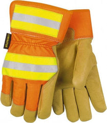 MCR Safety - Size S Pigskin General Protection Work Gloves - For General Purpose, Uncoated, Safety Cuff, Tan/Hi-Vis Orange, Paired - Americas Tooling