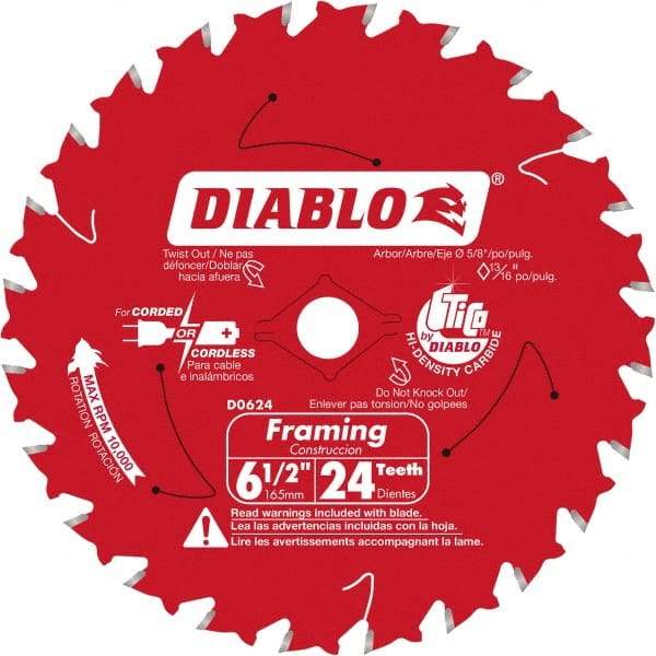 Freud - 6-1/2" Diam, 5/8" Arbor Hole Diam, 24 Tooth Wet & Dry Cut Saw Blade - Carbide-Tipped, Standard Round Arbor - Americas Tooling