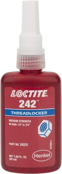 Loctite - 50 mL Bottle, Blue, Medium Strength Liquid Threadlocker - Series 242, 24 hr Full Cure Time, Hand Tool, Heat Removal - Americas Tooling