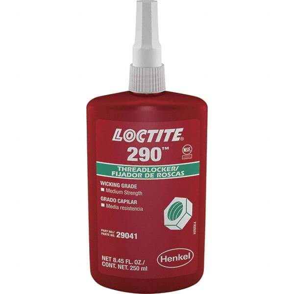 Loctite - 250 mL Bottle, Green, Medium Strength Liquid Threadlocker - Series 290, 24 hr Full Cure Time, Hand Tool, Heat Removal - Americas Tooling