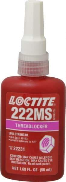 Loctite - 50 mL Bottle, Purple, Low Strength Liquid Threadlocker - Series 222MS, 24 hr Full Cure Time, Hand Tool, Heat Removal - Americas Tooling