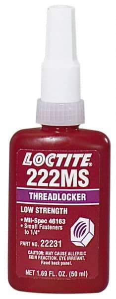 Loctite - 250 mL Bottle, Purple, Low Strength Liquid Threadlocker - Series 222MS, 24 hr Full Cure Time, Hand Tool, Heat Removal - Americas Tooling