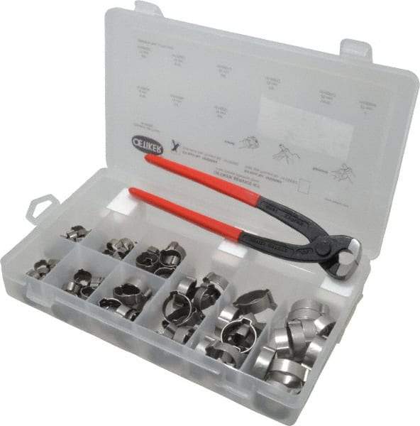 Oetiker - 124 Piece, 5/16 to 1" Diam, 2-Ear Service Clamp Kit - 123 Clamps & 1 Stainless Steel Standard Jaw Pincer - Americas Tooling