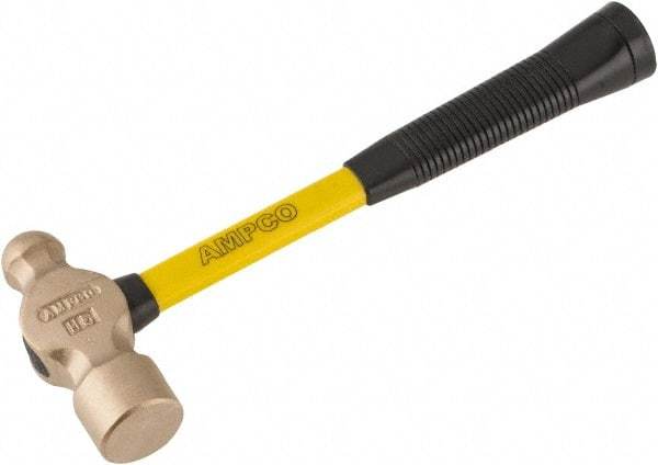 Ampco - 2-1/4 Lb Head Aluminum Bronze Ball Pein Hammer - 14" Fiberglass Handle with Grip, 1-3/4" Face Diam, 14" OAL - Americas Tooling