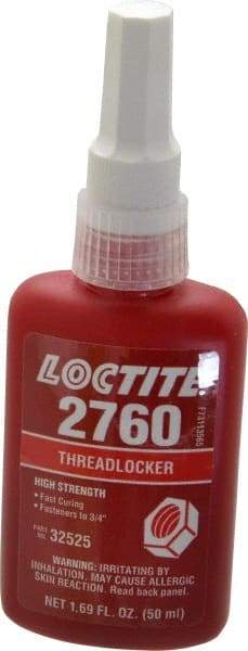 Loctite - 50 mL Bottle, Red, High Strength Liquid Threadlocker - Series 2760, 24 hr Full Cure Time, Hand Tool, Heat Removal - Americas Tooling