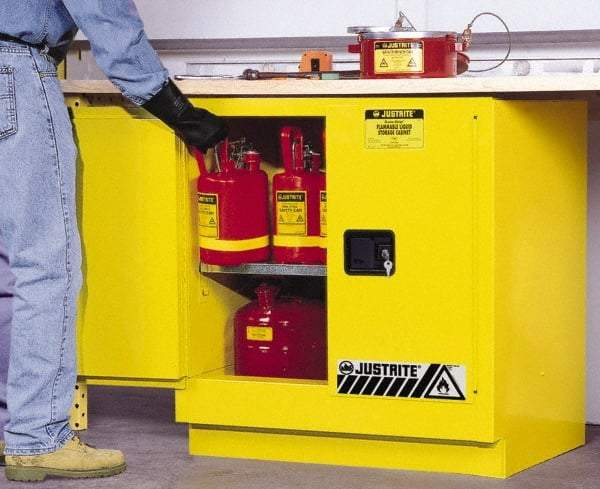 Justrite - 2 Door, 1 Shelf, Yellow Steel Under the Counter Safety Cabinet for Flammable and Combustible Liquids - 35" High x 35" Wide x 22" Deep, Manual Closing Door, 22 Gal Capacity - Americas Tooling