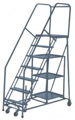 PW Platforms - 7 Step Ladder - Rolling Safety Stock Picking Ladder, 300 Lb Capacity, 70" Platform Height, 32" Base Width x 62" Base Depth, Perforated Tread - Americas Tooling