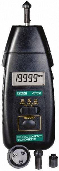 Extech - Accurate up to 0.05%, 0.1 RPM Resolution, Contact Tachometer - 6.6929 Inch Long x 2.8 Inch Wide x 1-1/2 Inch Meter Thick, 0.5 to 20,000 RPM Measurement - Americas Tooling