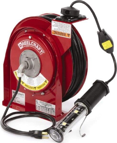 Reelcraft - 16 AWG, 50' Cable Length, Cord & Cable Reel with LED Light End - 1 Outlet, NEMA 5-15R, 13 Amps, 125 Volts, SJTOW Cable, Red Reel, Spring Driven Reel - Americas Tooling