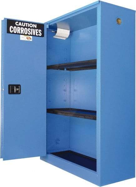 Securall Cabinets - 2 Door, 2 Shelf, Blue Steel Standard Safety Cabinet for Corrosive Chemicals - 65" High x 43" Wide x 18" Deep, Sliding Door, 3 Point Key Lock, 45 Gal Capacity - Americas Tooling