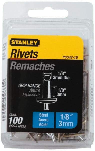 Stanley - Steel Color Coded Blind Rivet - Steel Mandrel, 0.062" to 1/8" Grip, 1/4" Head Diam, 0.125" to 0.133" Hole Diam, 0.275" Length Under Head, 1/8" Body Diam - Americas Tooling