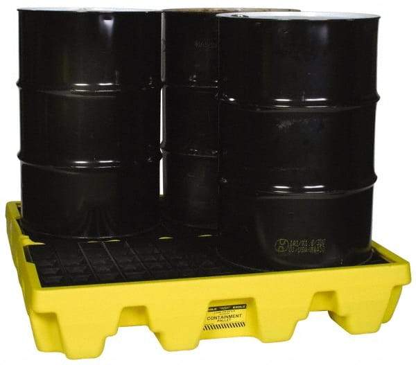 Eagle - 66 Gal Sump, 8,000 Lb Capacity, 4 Drum, Polyethylene Spill Deck or Pallet - 51-1/2" Long x 51-1/2" Wide x 8" High, Yellow, Liftable Fork, Drain Included, Low Profile, Vertical, 2 x 2 Drum Configuration - Americas Tooling