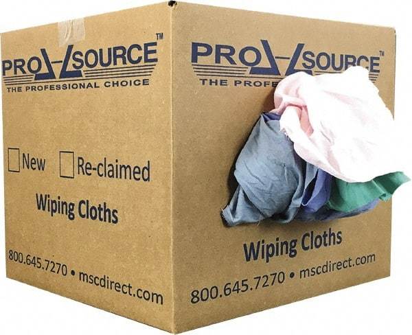 PRO-SOURCE - Reclaimed Poly/Cotton T-Shirt Rags - Assorted Colors, Poly/Cotton, Low Lint, 10 Lbs. at 4 to 6 per Pound, Box - Americas Tooling