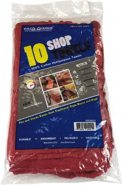 PRO-SOURCE - 14 Inch Long x 15 Inch Wide Virgin Cotton Shop Towel - Red, Ling Free, 10 Sheets per Pack, Bag - Americas Tooling