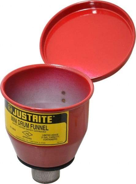 Justrite - 4-1/2" High x 4-1/2" Diam, Galvanized Steel, Manual Closing Pail Funnel with Flame Arrester - 1" Arrester/Tube Length, 5 Gal Drum/Pail Capacity - Americas Tooling