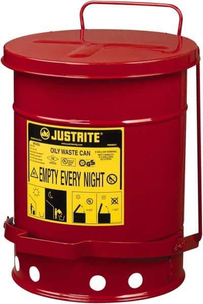 Justrite - 6 Gallon Capacity, Galvanized Steel Disposal Can - 11-7/8 Inch Wide/Diameter x 15-7/8 Inch High, Red, Foot Operated, Approved FM and UL - Americas Tooling