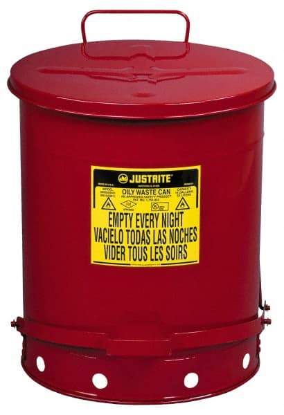 Justrite - 14 Gallon Capacity, Galvanized Steel Disposal Can - 16-1/16 Inch Wide/Diameter x 20-1/4 Inch High, Red, Foot Operated, Approved FM and UL - Americas Tooling